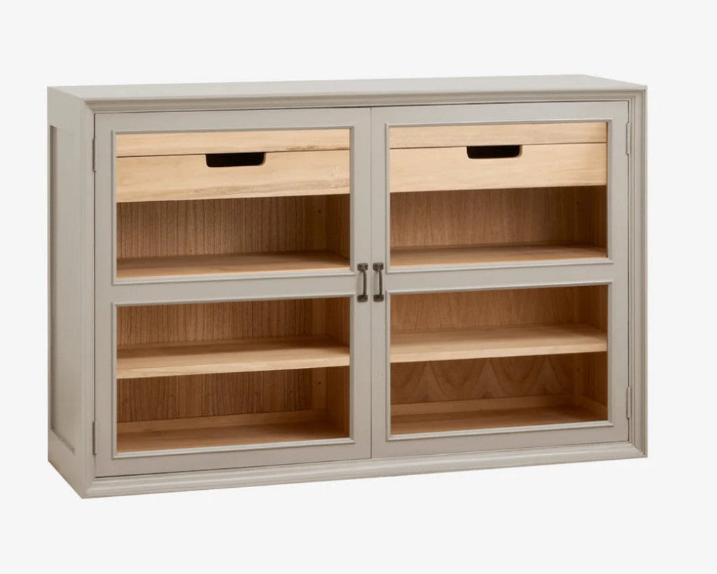 Sideboard-Vitrine Holz grau -natur mit Schubladen im Landhausstil
