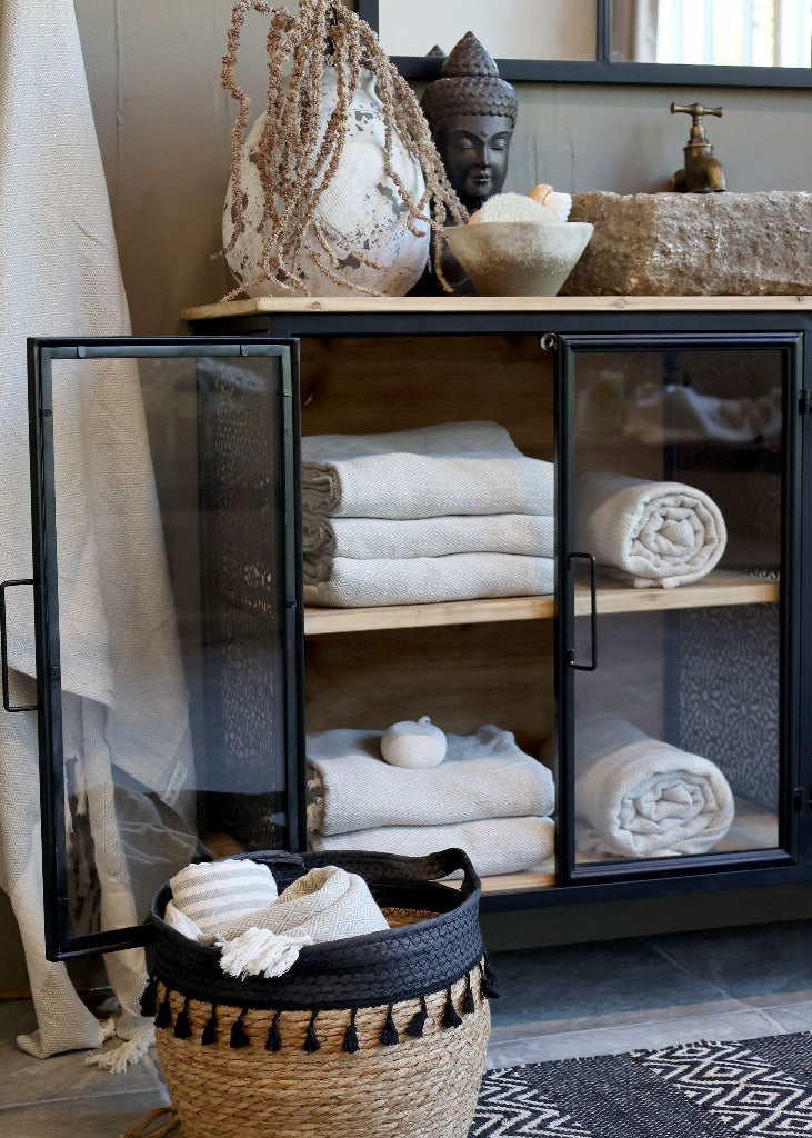 Industrielle Anrichte-Vitrine Metall-Holz L 121 cm innen Holz