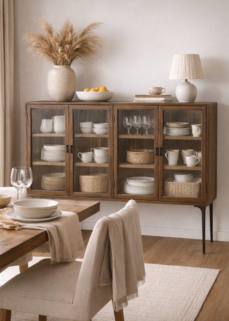 Sideboard-Vitrine Holz natur - Riffelglastüren im Esszimmer