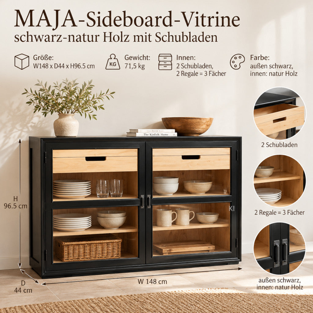 Vitrinenschrank MAJA mit schwarzen Glastüren, Naturholzregalen und praktischen Schubladen für Geschirr.
