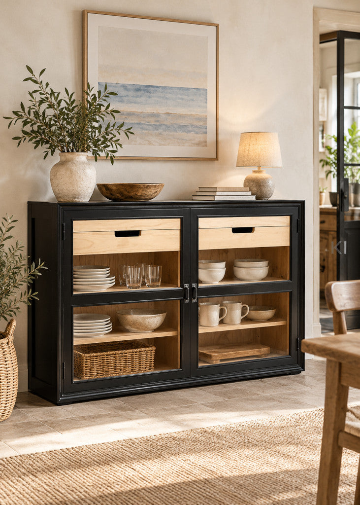 Sideboard-Vitrine MAJA schwarz-natur aus Holz mit 2 Glastüren und 2 Schubladen im modernen Landhausstil.