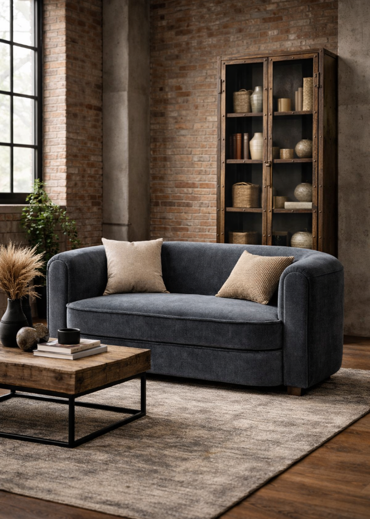 Blaues Samt Sofa im industrial Wohnzimmer