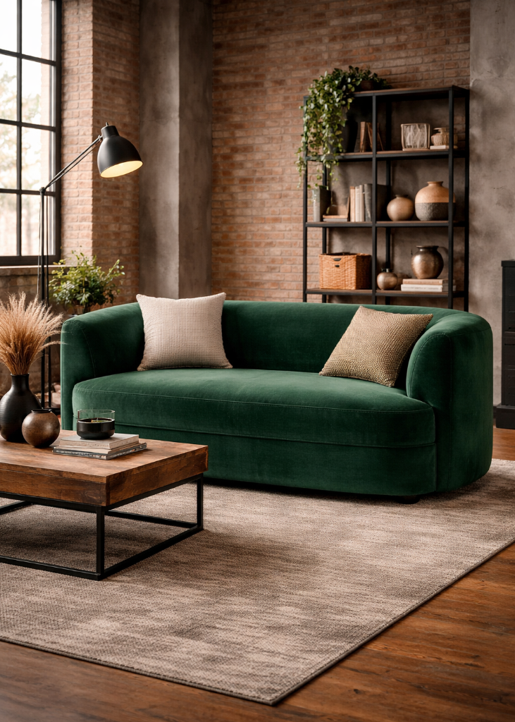 Grünes Samtsofa in Loftwohnung