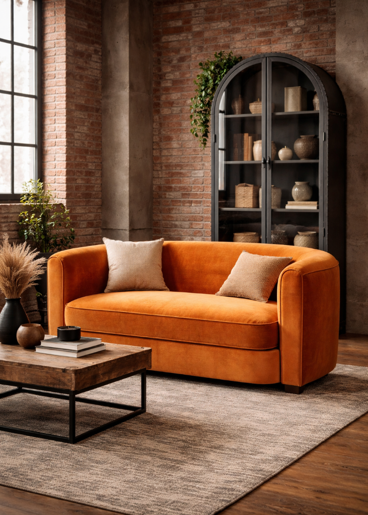Samt Sofa orange im industrial Wohnzimmer