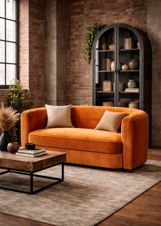 Samt Sofa orange im industrial Wohnzimmer