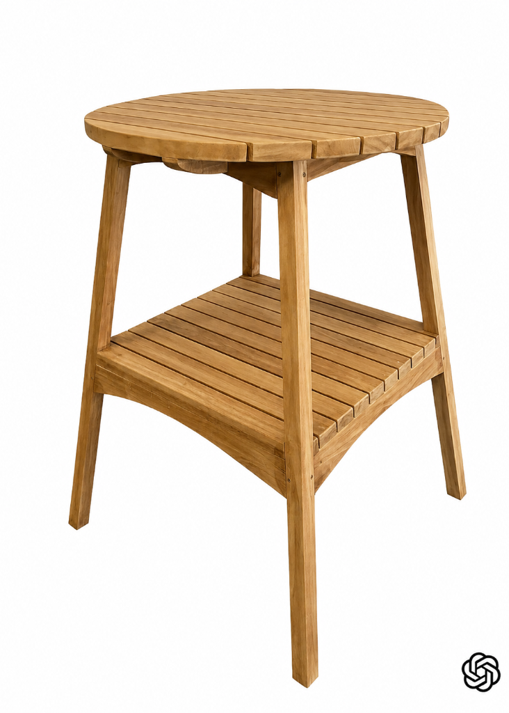 Wetterfester Teakholz-Stehtisch ANDI im Adirondack-Look als elegante Balkonmöbel für urbane Außenbereiche