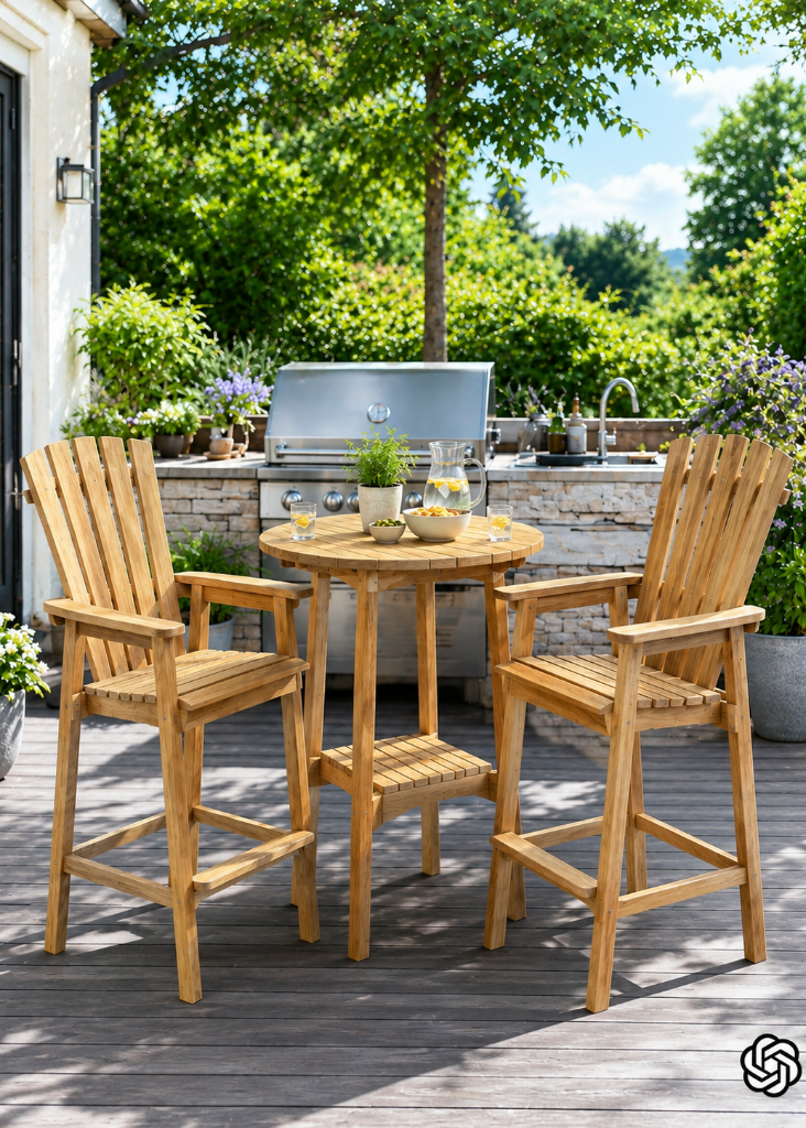 Exklusiver Balkon-Stehtisch aus Teakholz mit Gedeck und mediterranem Flair für Terrasse, Balkon und Garten