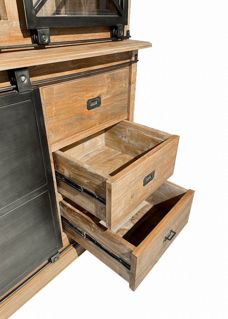 Vitrine - Buffetschrank Holz-Eisen mit Schubladen und Rolltüren