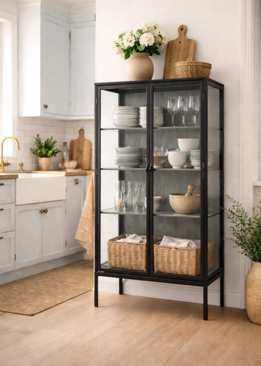 Schwarze Vitrine im Industriedesign aus Eisen mit drei Glasböden, 153 cm hoch