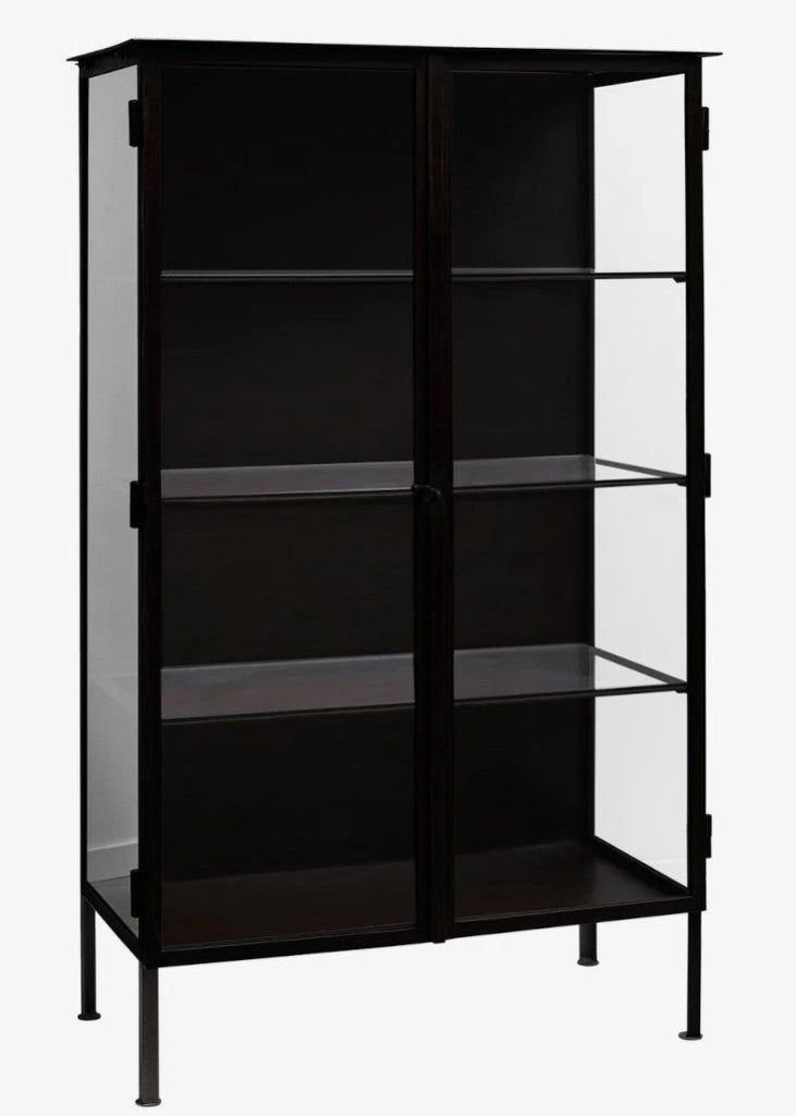 Moderne Glasvitrine mit schwarzem Metallrahmen und 3 Glasregalen im Industrial Style