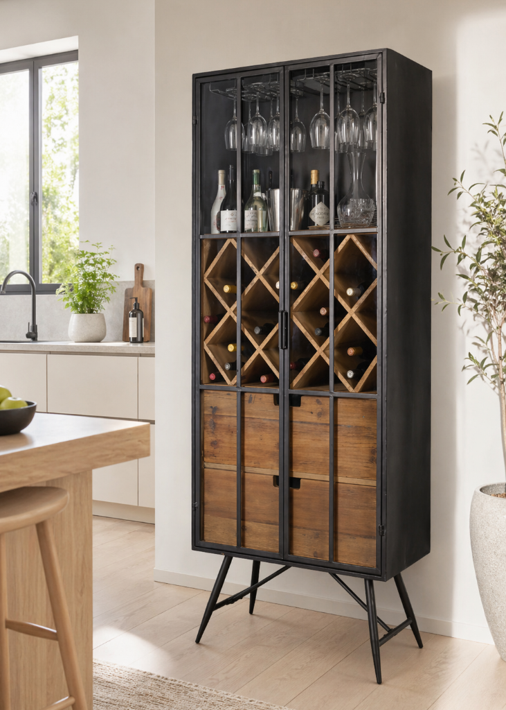 Industrial Vitrine aus Holz und Metall mit Glastüren in antik schwarz