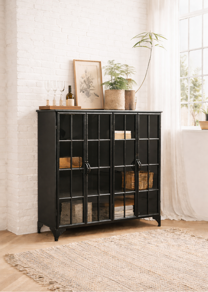 Vitrine-Highboard ELIN Metall 4 Türen H 114 x B 120 cm - Industriedesign