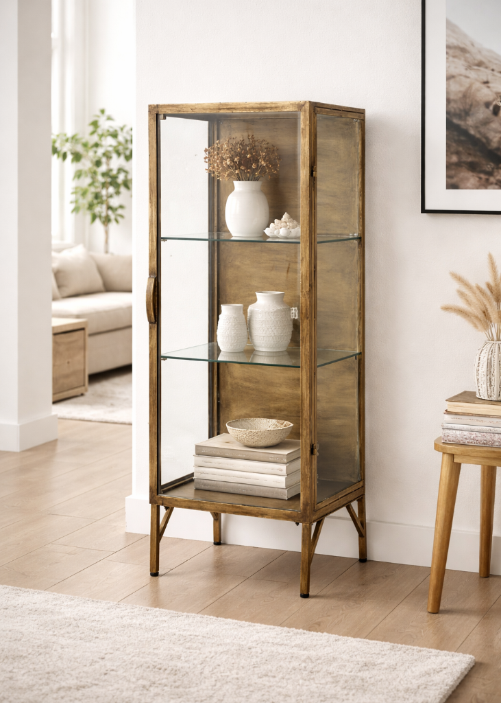 Stilvolle Vitrine in antikem Messing mit minimalistischem Design und Glas rundum. Ideal zur Präsentation von Dekoration im Wohnzimmer oder in der Küche. Maße: L45 x H110 x B40 cm.