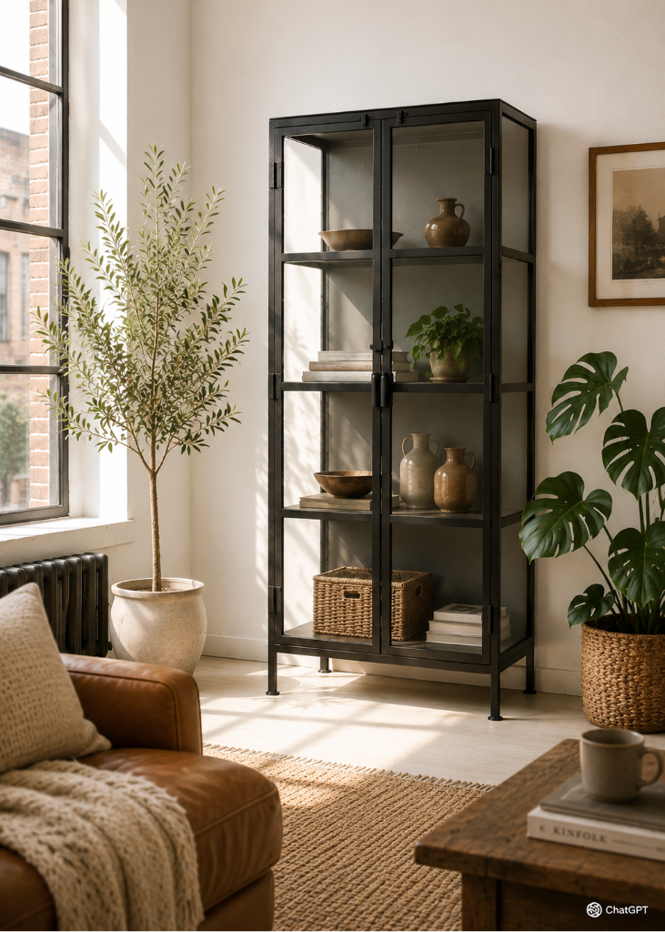 Schwarze Metallvitrine HELLO im Industrial-Design als elegante Schuhvitrine im hellen Eingangsbereich einer modernen High-End-Wohnung.