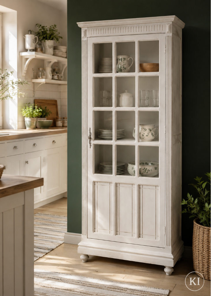 Weiße Vitrine im Vintage-Landhausstil mit Glastür und 12 kleinen Glasscheiben