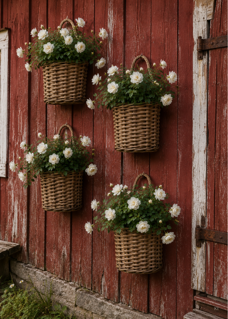 Wandkorb aus Rattan mit blühenden Pflanzen im Landhausstil