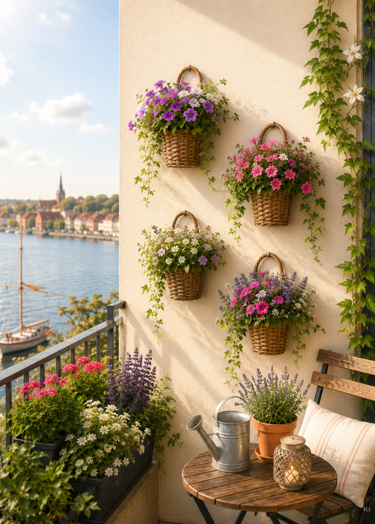 Wand-Blumenkörbe aus Rattan mit bunten Sommerblumen an Balkonwand