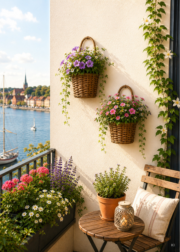 Dekorative Rattan Pflanzkörbe mit Blumen für stilvolle Wandgestaltung