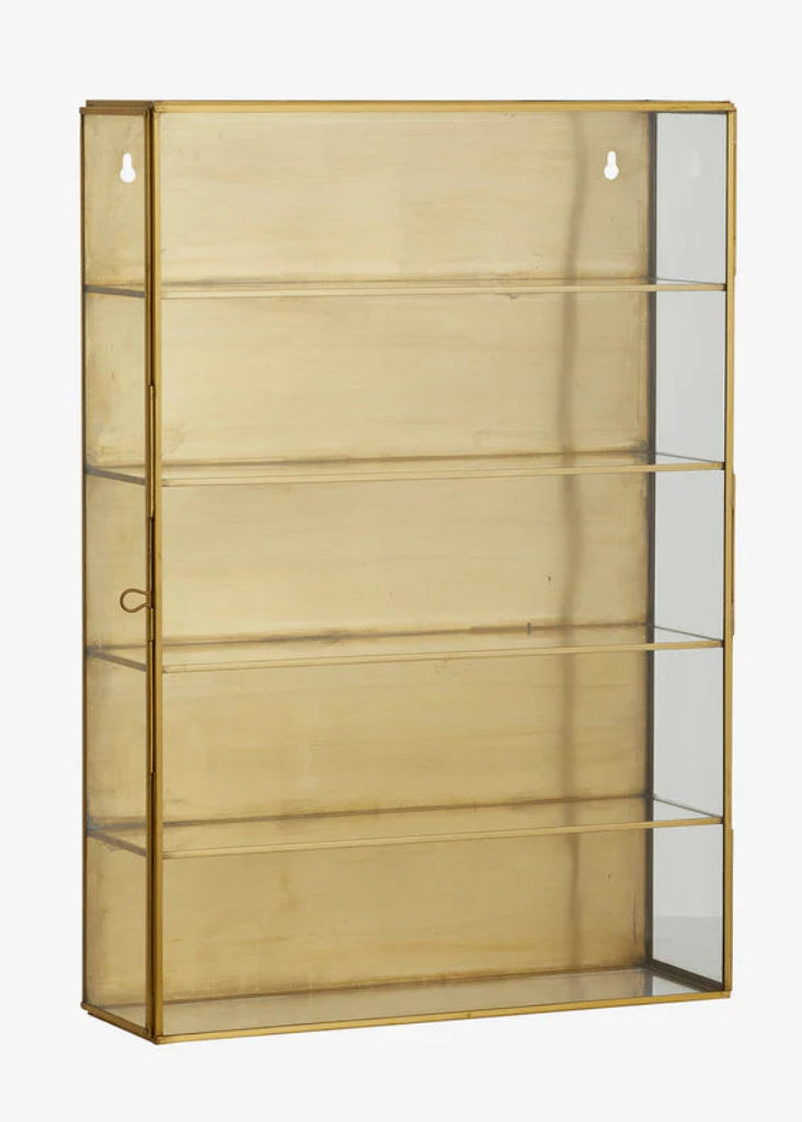Wandschrank, Wandvitrine gold Metall und Glas modern, industrial