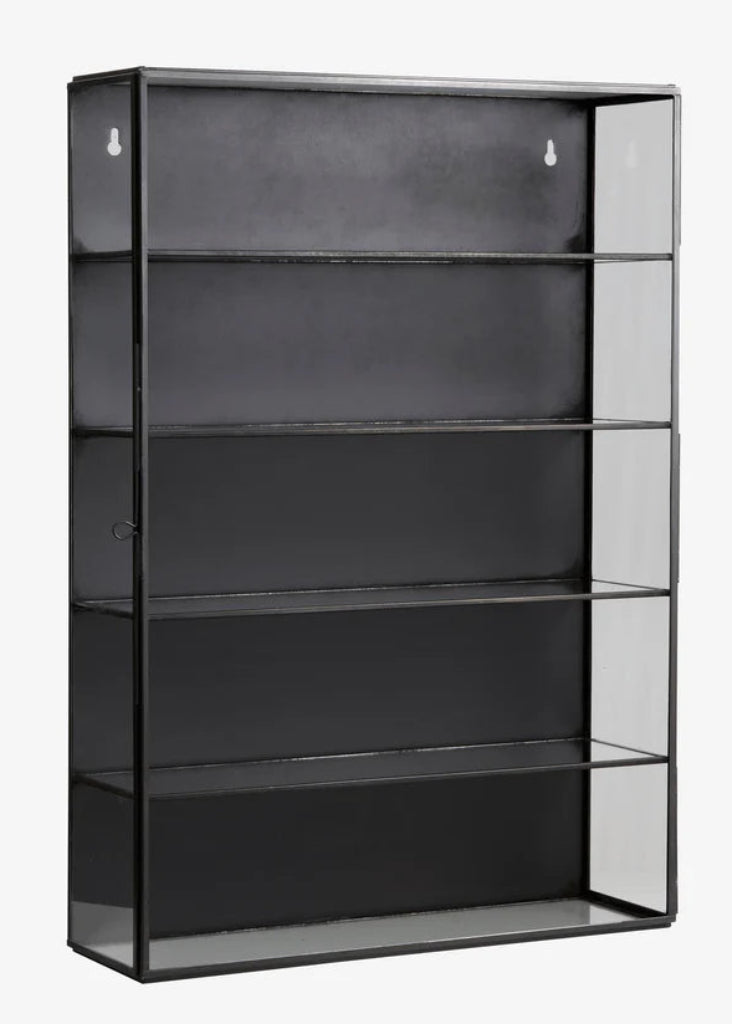 Wandschrank, Wandvitrine schwarz vintage Metall und Glas modern, industrial