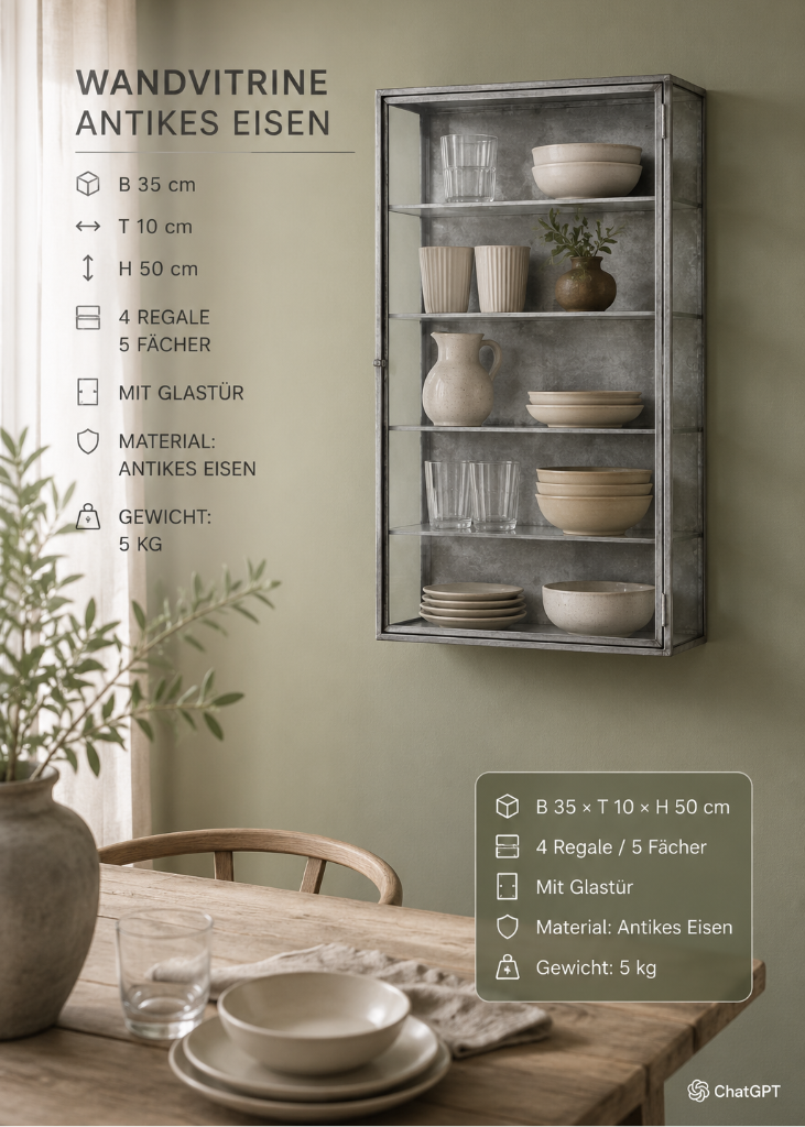 Wandschrank silber Metall, Wandvitrine mit 5 Fächern, modern, industrial