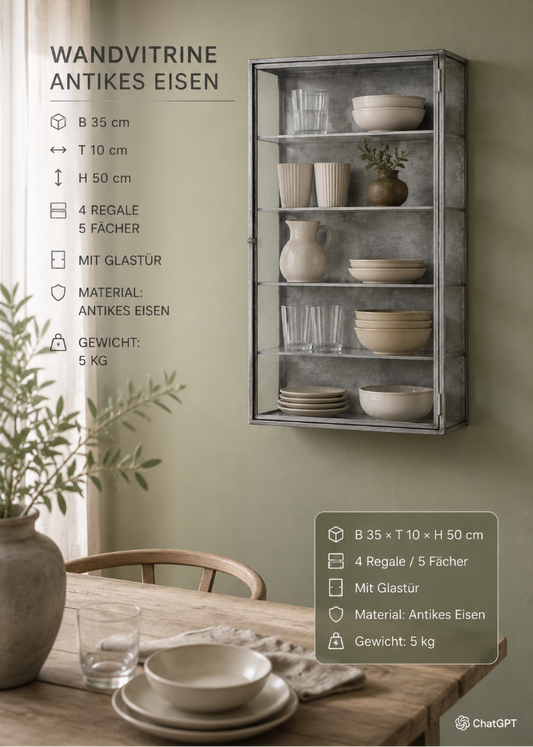 Wandschrank silber Metall, Wandvitrine mit 5 Fächern, modern, industrial