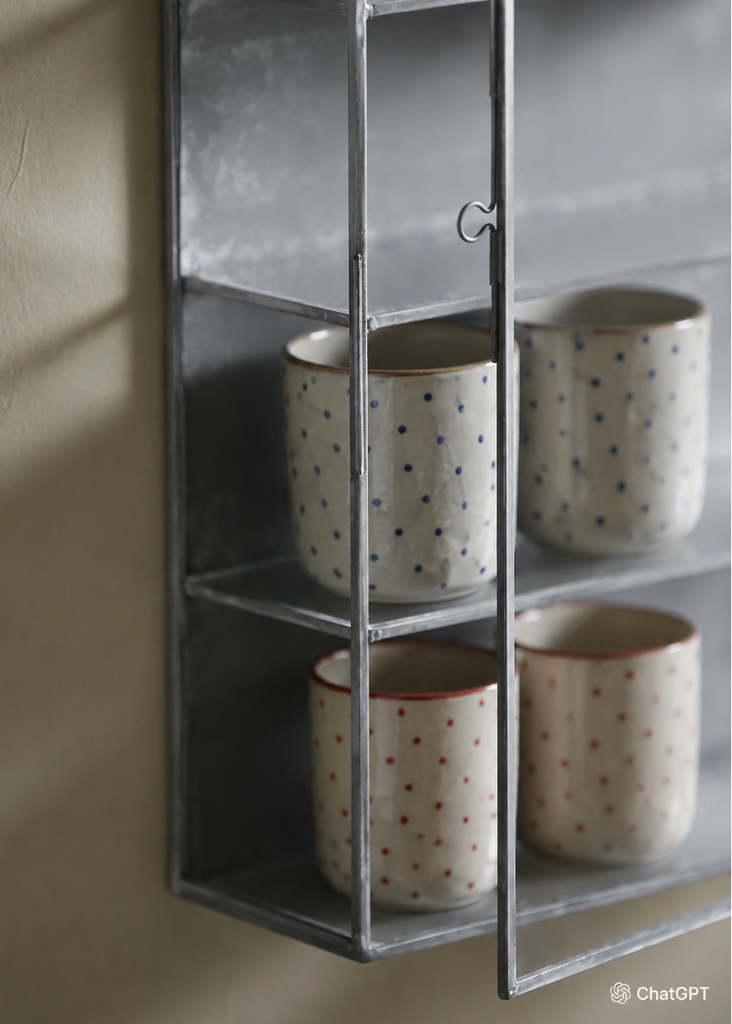 Dekorativer Wandschrank aus antikem Eisen und Glas mit silberner Oberfläche und vier Glasablagen