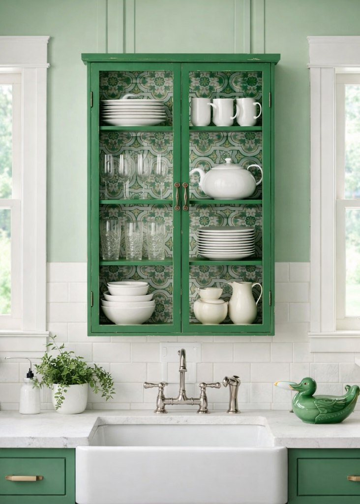 Grün-Weiße Wandvitrine, Wandschrank im Landhausstil