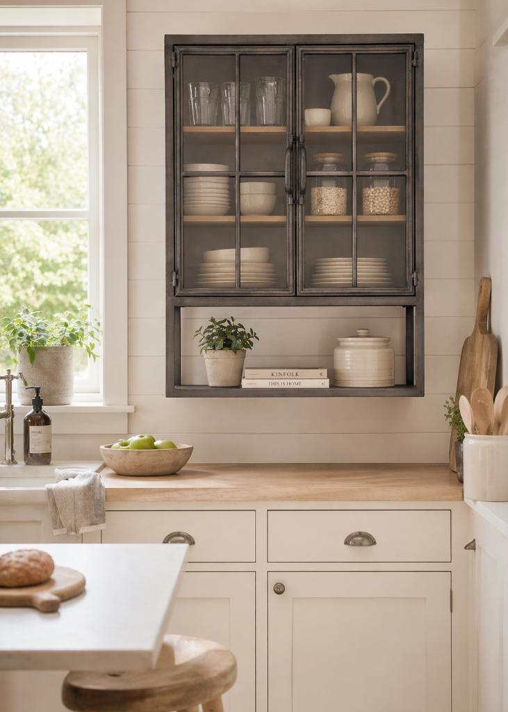 Schwarze Wandvitrine aus Metall mit Glastüren und Unterregal im modernen Industrial Landhausstil.