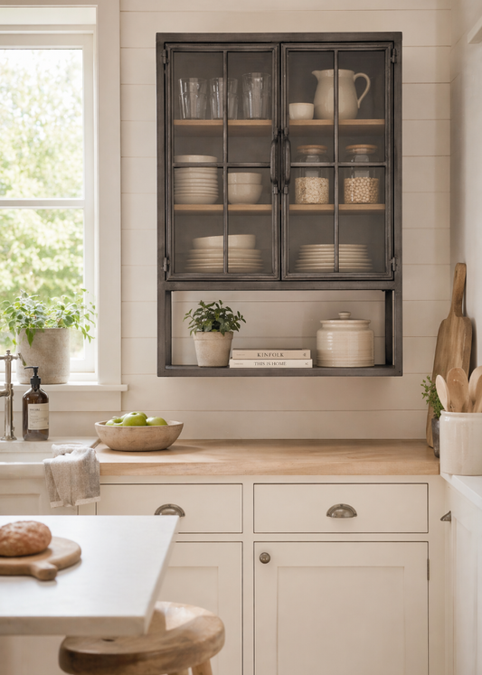 Schwarze Wandvitrine aus Metall mit Glastüren und Unterregal im modernen Industrial Landhausstil.
