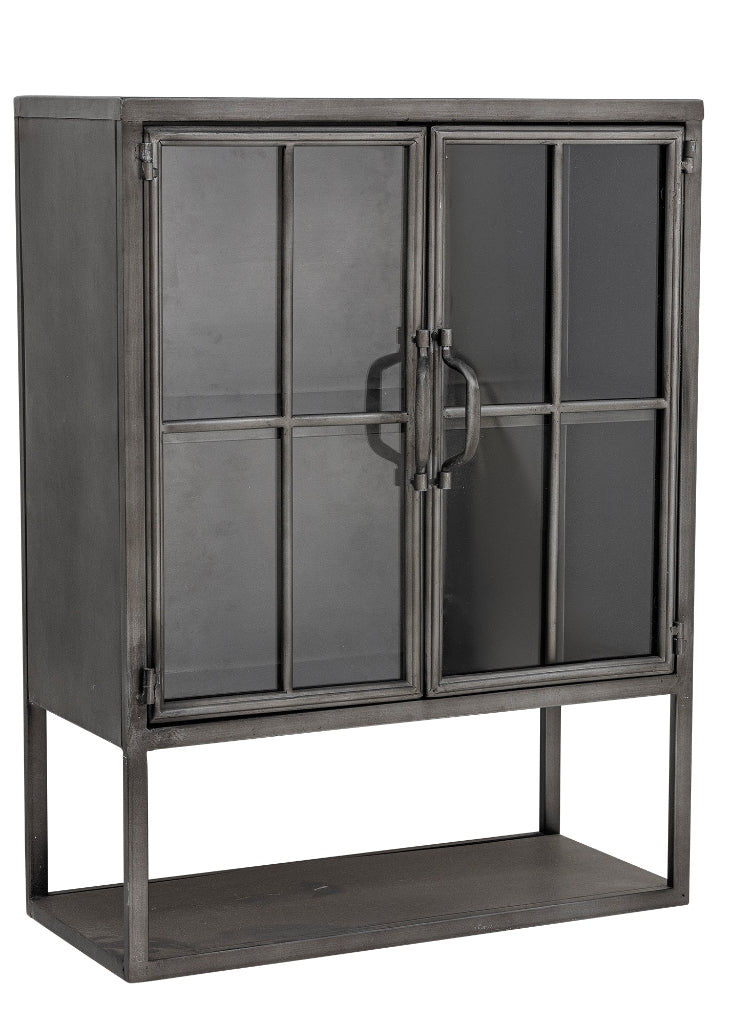 Wandschrank aus schwarzem Metall mit Glastüren als dekorativer Stauraum für Küche oder Wohnzimmer.