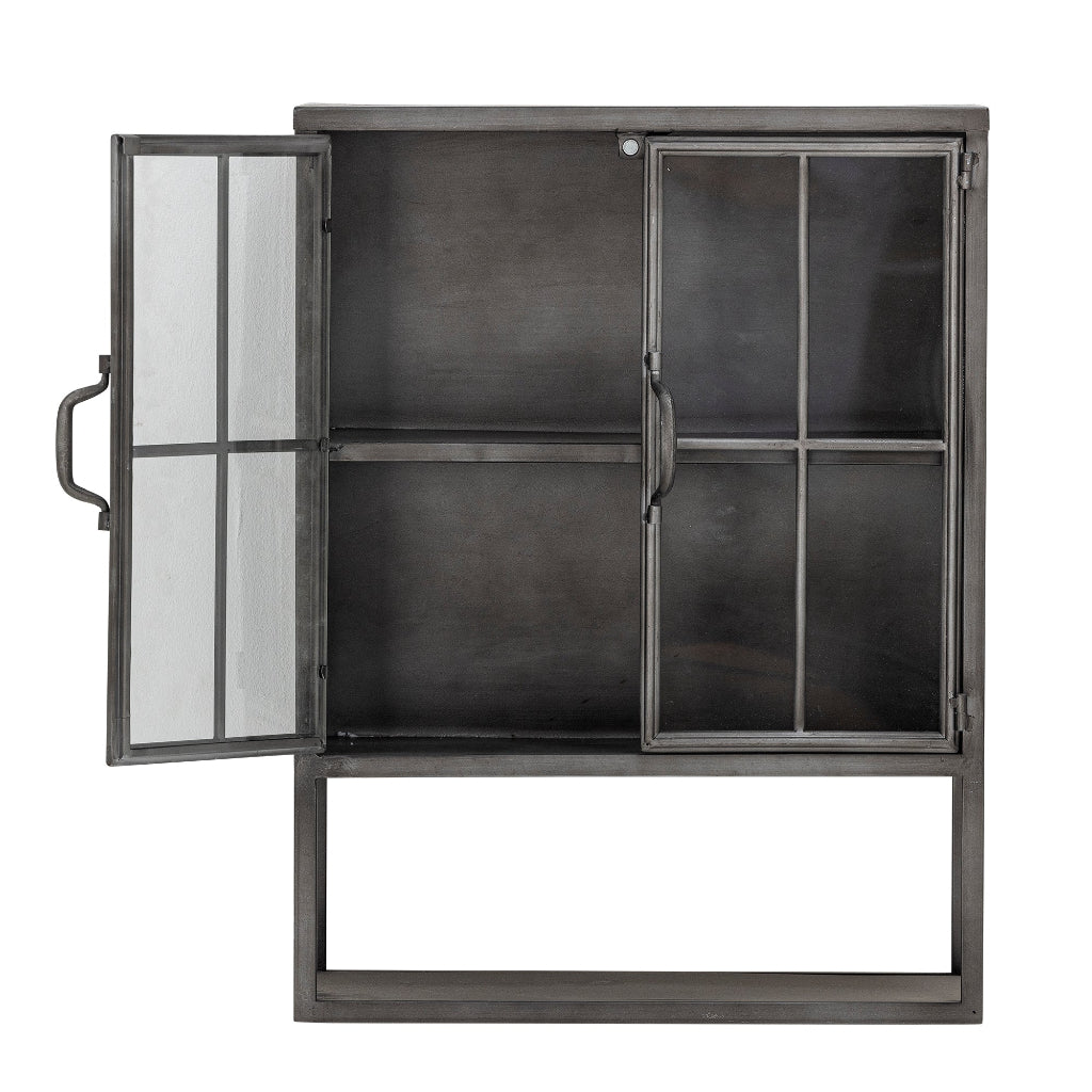 Moderne Wandvitrine Schwarz aus Eisen und Glas mit Regal für stilvolle Wohnaccessoires.