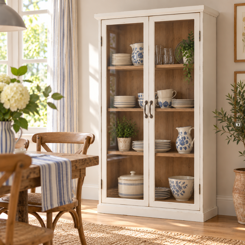 Weiße Landhaus Vitrine H 122 cm, Maße B 81 × H 122 × T 18 cm, mit Shabby-Chic-Oberfläche und 4 praktischen Innenfächern.