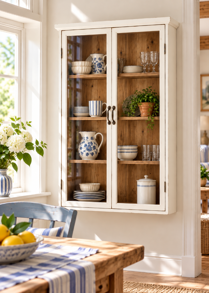 Landhaus Vitrine SAIKA H 122 cm in Shabby Weiß mit zwei Glastüren, naturbraunem Holzinnenraum und nostalgischen Metallgriffen.