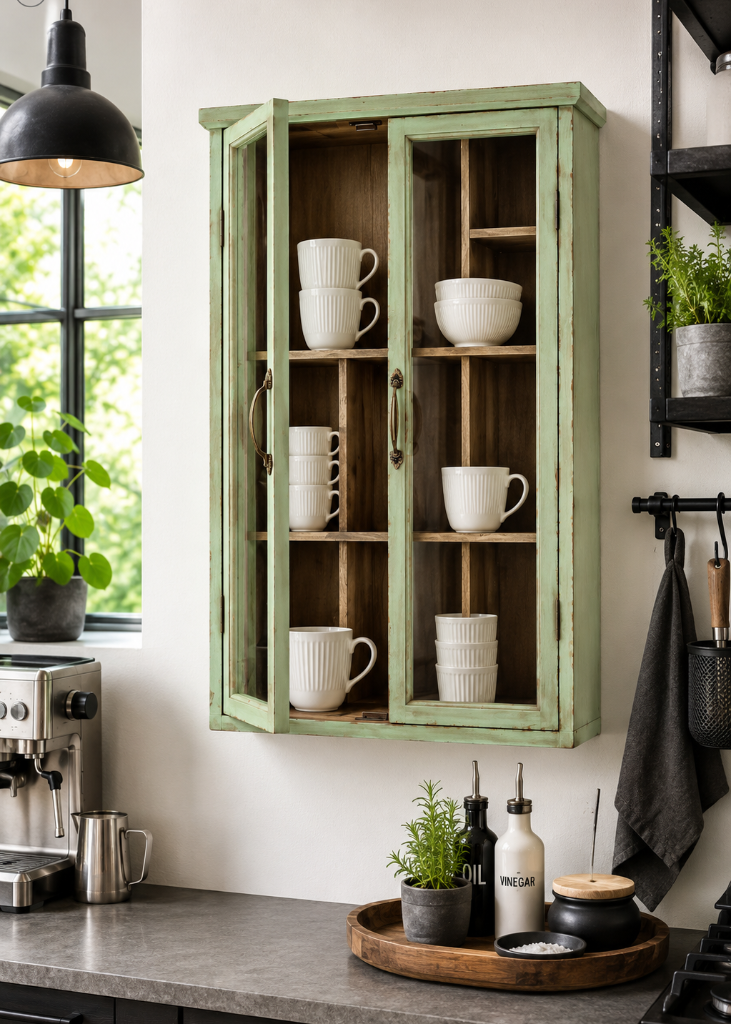 Vintage grüne Landhaus Wandvitrine SAIKA mit Glastüren und praktischen Innenfächern – elegante Aufbewahrung und stilvolle Präsentation für Geschirr, Gläser und Lieblingsstücke