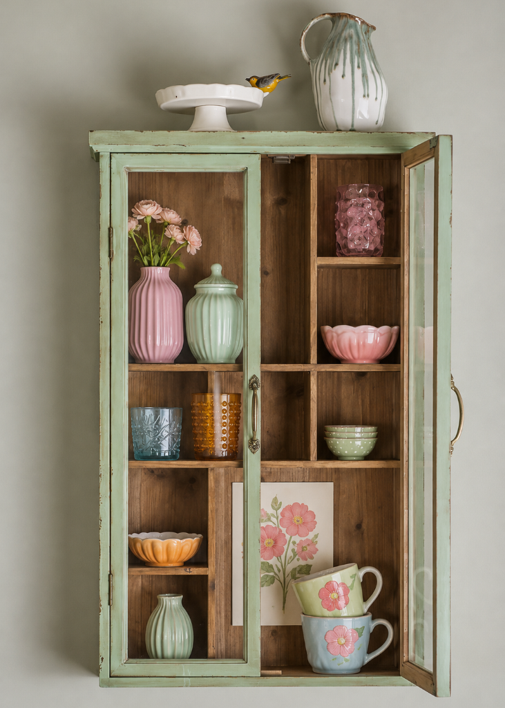 Vintage grüne Landhaus Wandvitrine SAIKA mit Glastüren und praktischen Innenfächern – elegante Aufbewahrung und stilvolle Präsentation für Geschirr, Gläser und Lieblingsstücke.