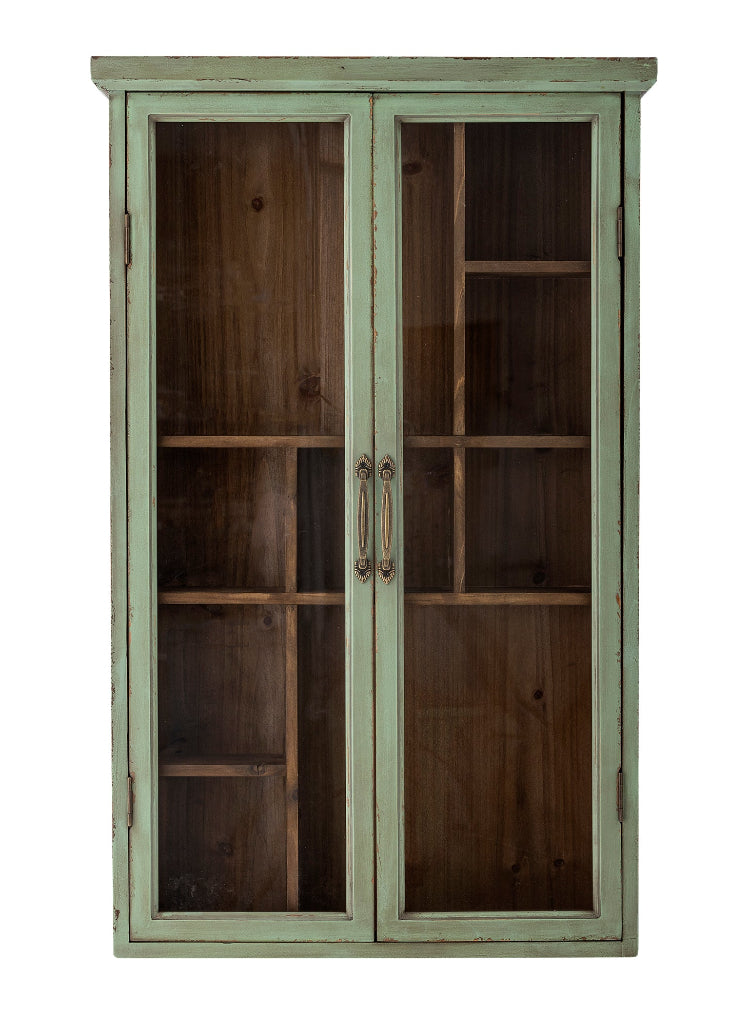 Landhaus Wandvitrine SAIKA in Vintage Grün aus Holz und Glas – stilvolle Shabby Chic Wandvitrine für Geschirr, Deko, Sammlerstücke und Wohnaccessoires.