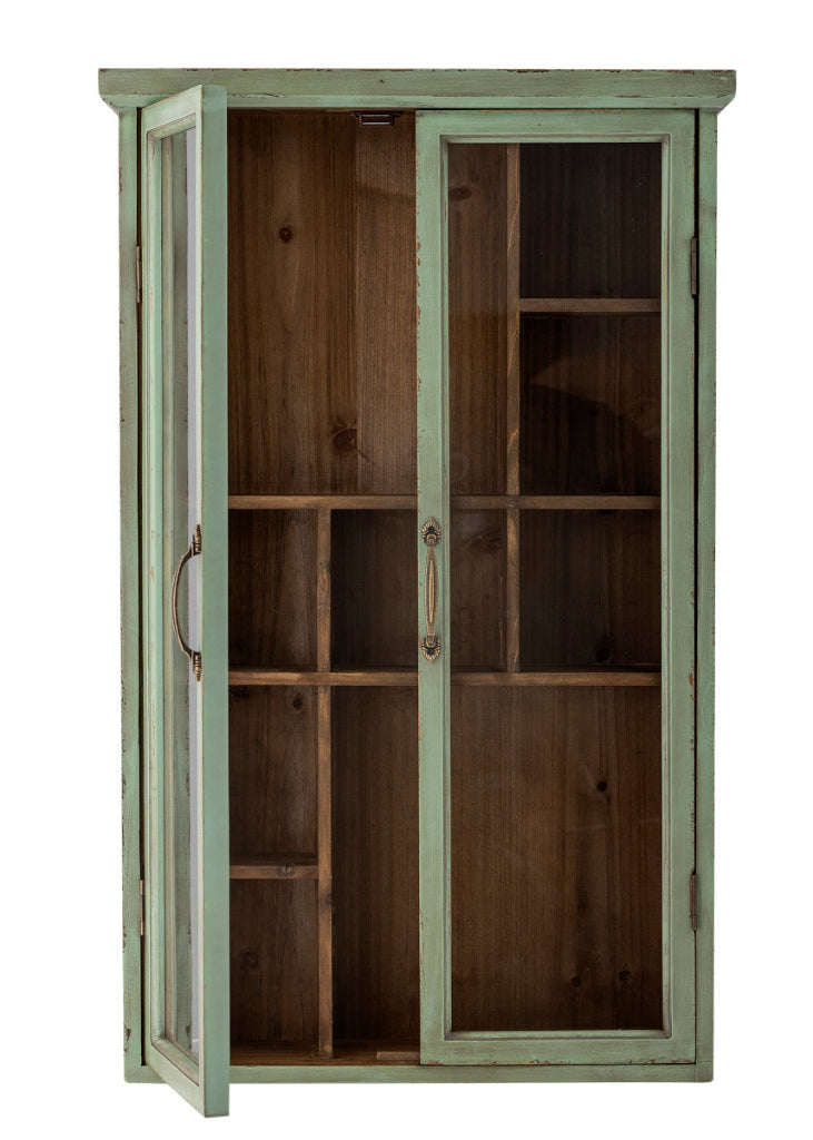 Shabby Chic Wandvitrine SAIKA in Vintage Grün mit gehärtetem Glas und Holz – dekorativer Wandschrank im Landhausstil für Küche, Esszimmer, Wohnzimmer oder Flur.