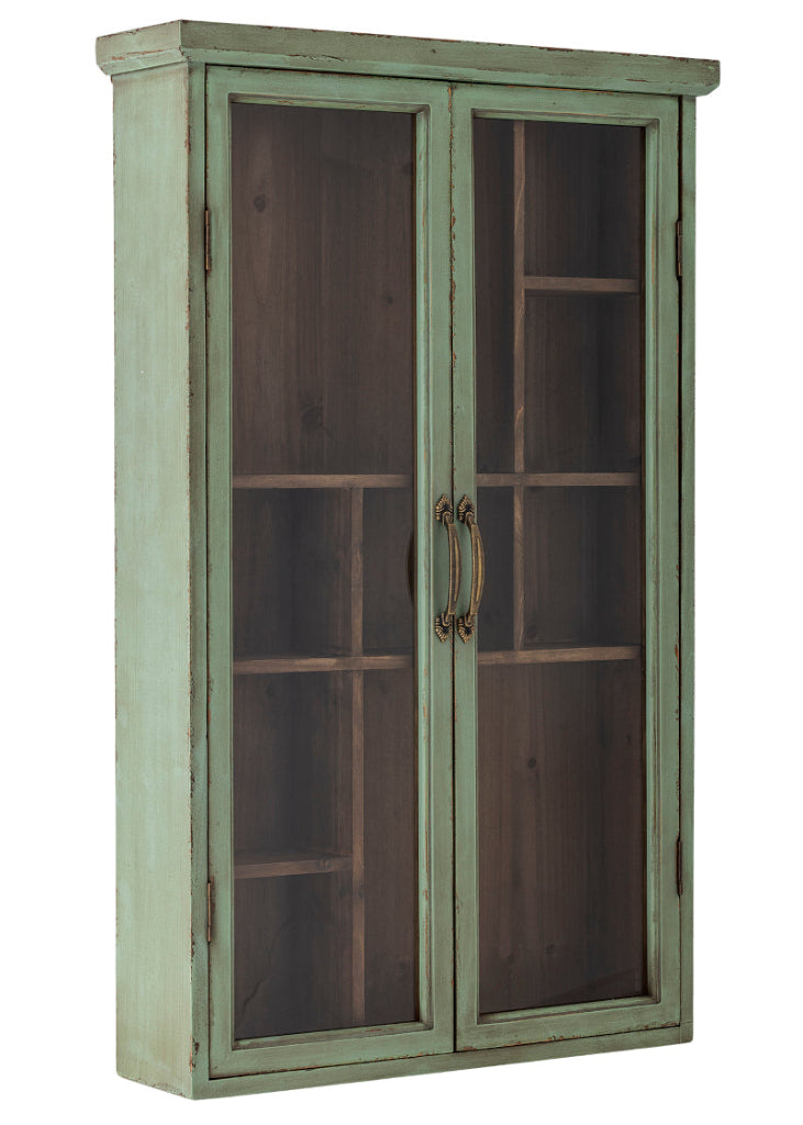 Vintage grüne Landhaus Wandvitrine SAIKA mit Glastüren und praktischen Innenfächern – elegante Aufbewahrung und stilvolle Präsentation für Geschirr, Gläser und Lieblingsstücke