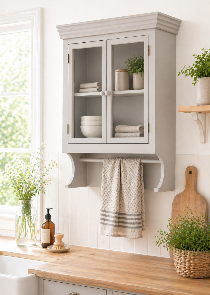 Landhaus Wandvitrine grau mit Handtuchstange aus Holz und Glas – stilvoller Wandschrank für Küche im Vintage Landhausstil kaufen