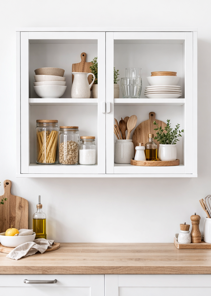 Weiße Wandvitrine 80x80 cm Metall & Glas – Moderne Hängevitrine