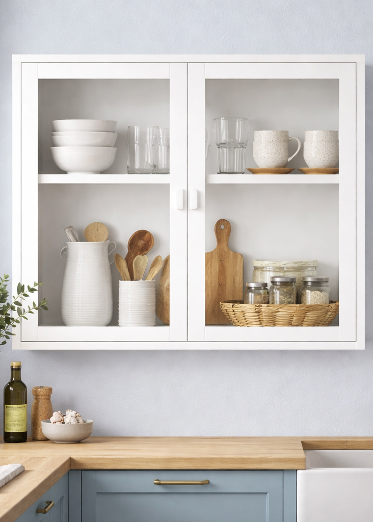 Weiße Wandvitrine 80x80 cm Metall & Glas – Moderne Hängevitrine
