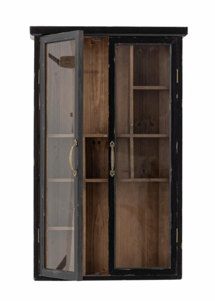Dekorative schwarze Glasvitrine zum Aufhängen mit nostalgischem Charme und Stauraum.