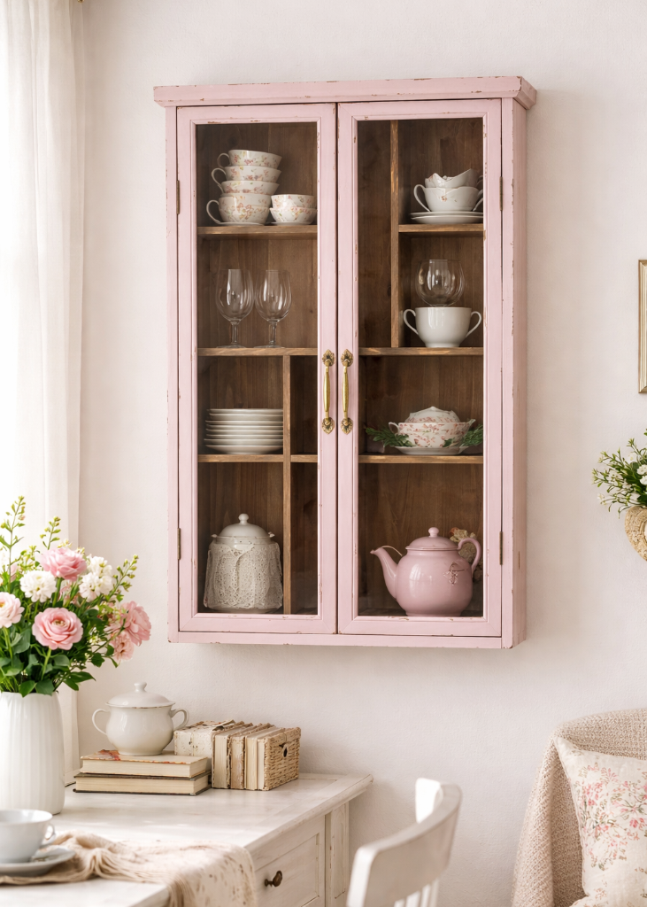 Wandvitrine SAIKA shabby rosa 80cm Landhausmöbel im Vintage Look
