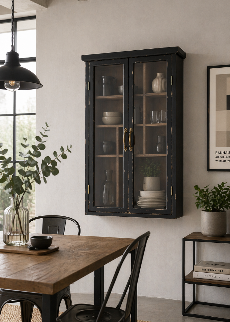 Schmale schwarze Hängevitrine im Shabby Chic Stil mit Glastüren für stilvollen Stauraum.