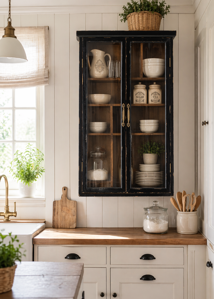 Schwarze Shabby Wandvitrine aus Holz mit Glastüren im Landhausstil für Küche oder Esszimmer.