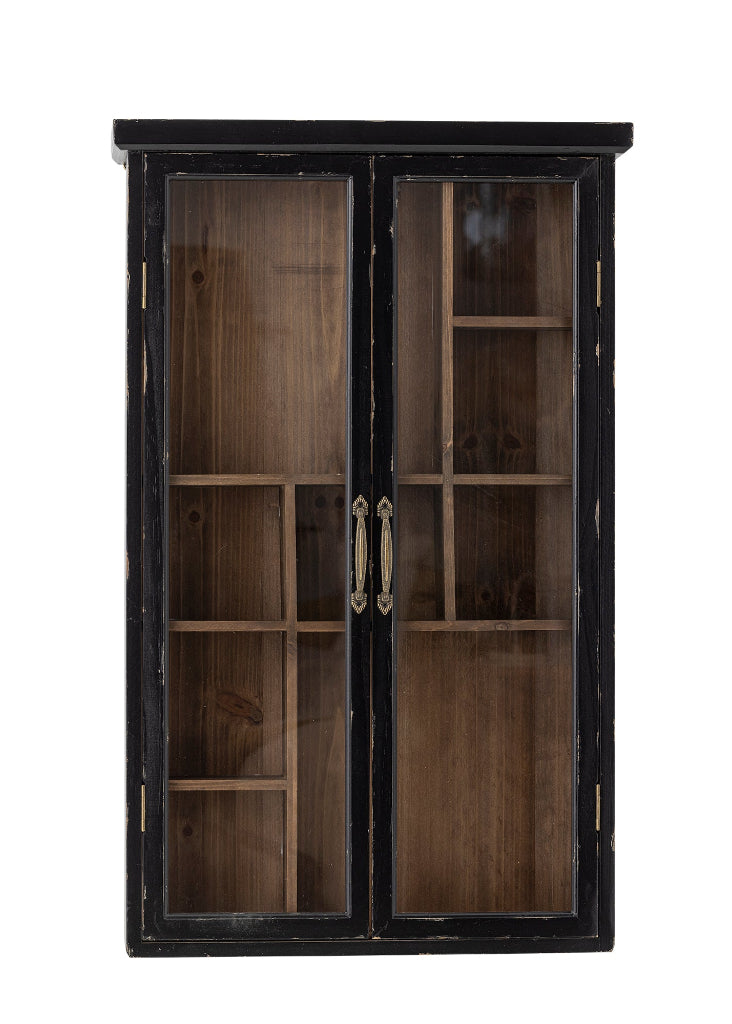 Antike Wandvitrine SAIKA in Schwarz mit drei Fächern und Sicherheitsglas im Vintage Design.