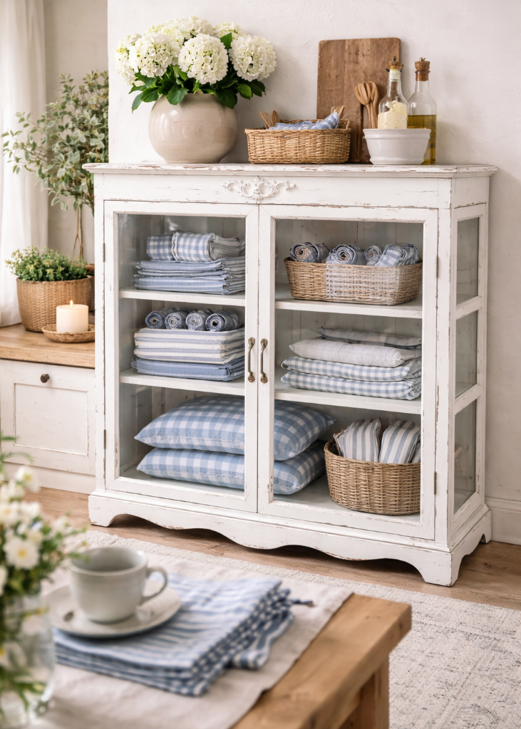 „Weiße Landhaus Anrichte mit Glastüren aus Holz in antik Creme – Vitrine für Wohnzimmer und Esszimmer"