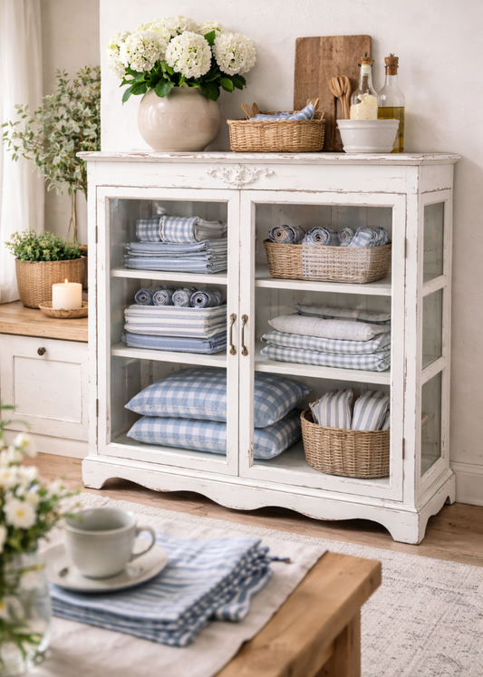 „Weiße Landhaus Anrichte mit Glastüren aus Holz in antik Creme – Vitrine für Wohnzimmer und Esszimmer"