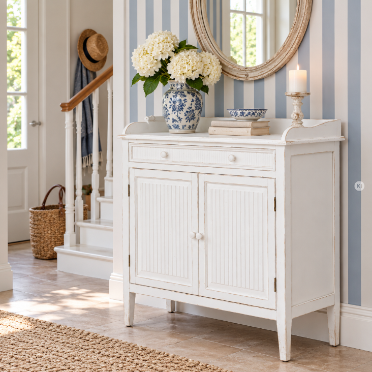 Weiße Vintage Kommode LELA im hellen Landhausflur vor blau-weiß gestreifter Wand, dekoriert mit Blumen und Wohnaccessoires